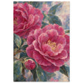 Two large pink camellia blooms and a bud among dark green leaves against a softly painted cream, pink and blue background.