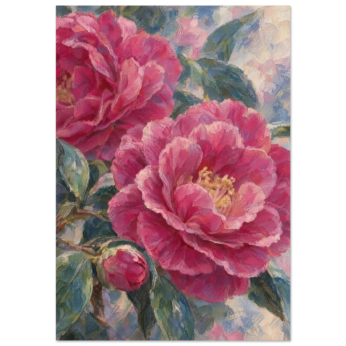 Two large pink camellia blooms and a bud among dark green leaves against a softly painted cream, pink and blue background.