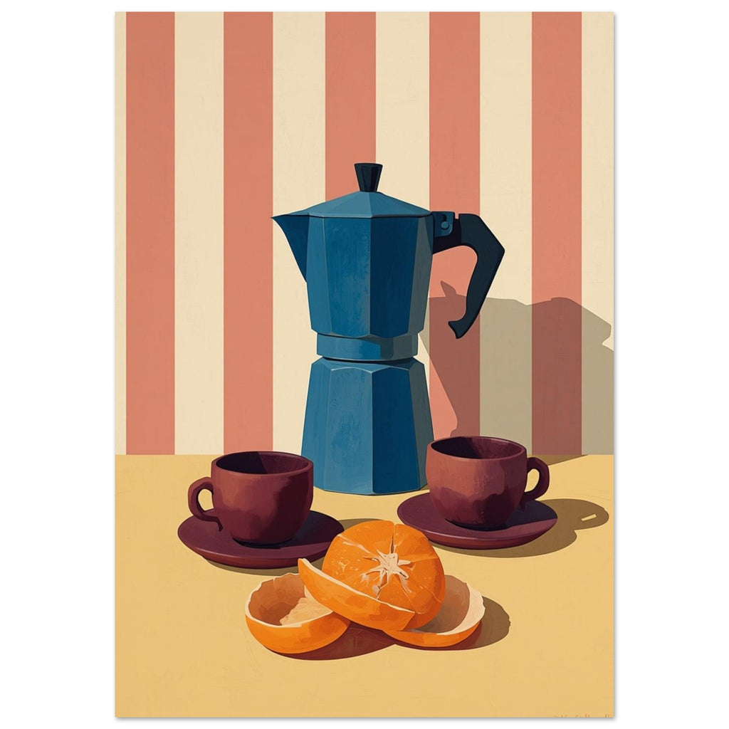 Blue moka pot with two burgundy cups and a peeled orange on a yellow table against coral and cream stripes.