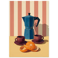 Blue moka pot with two burgundy cups and a peeled orange on a yellow table against coral and cream stripes.
