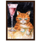 Ginger cat with green eyes resting its white paws on a golden table beside a tall glass of pink liquid, on black.