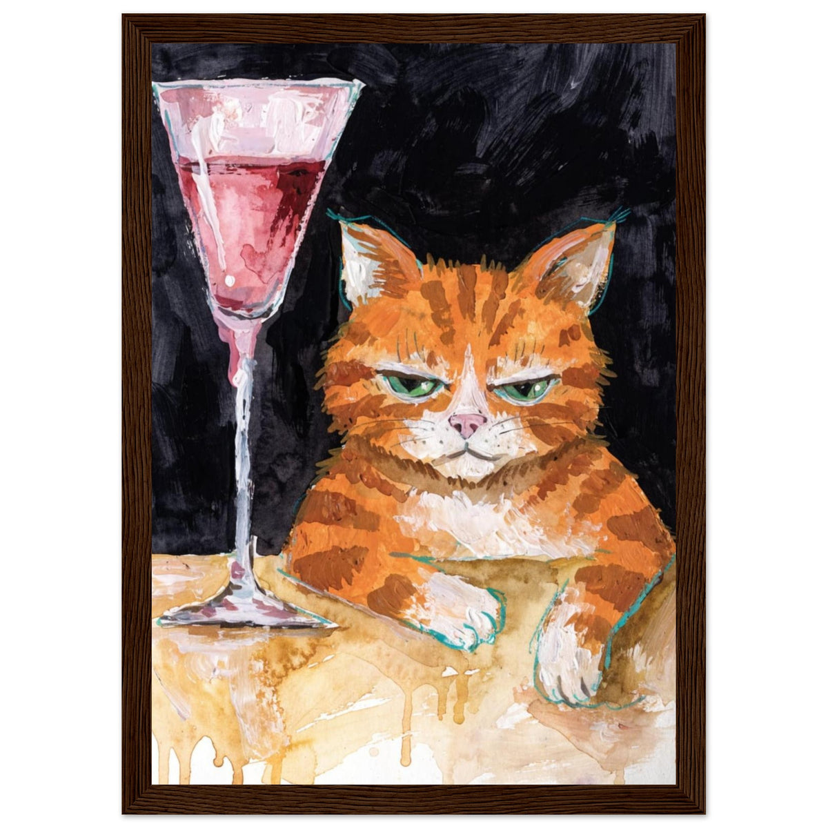 Ginger cat with green eyes resting its white paws on a golden table beside a tall glass of pink liquid, on black.