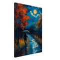 Black cat holding an umbrella on a wet path beneath a golden moon, with orange trees and blue reflections.