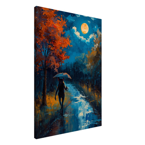 Black cat holding an umbrella on a wet path beneath a golden moon, with orange trees and blue reflections.