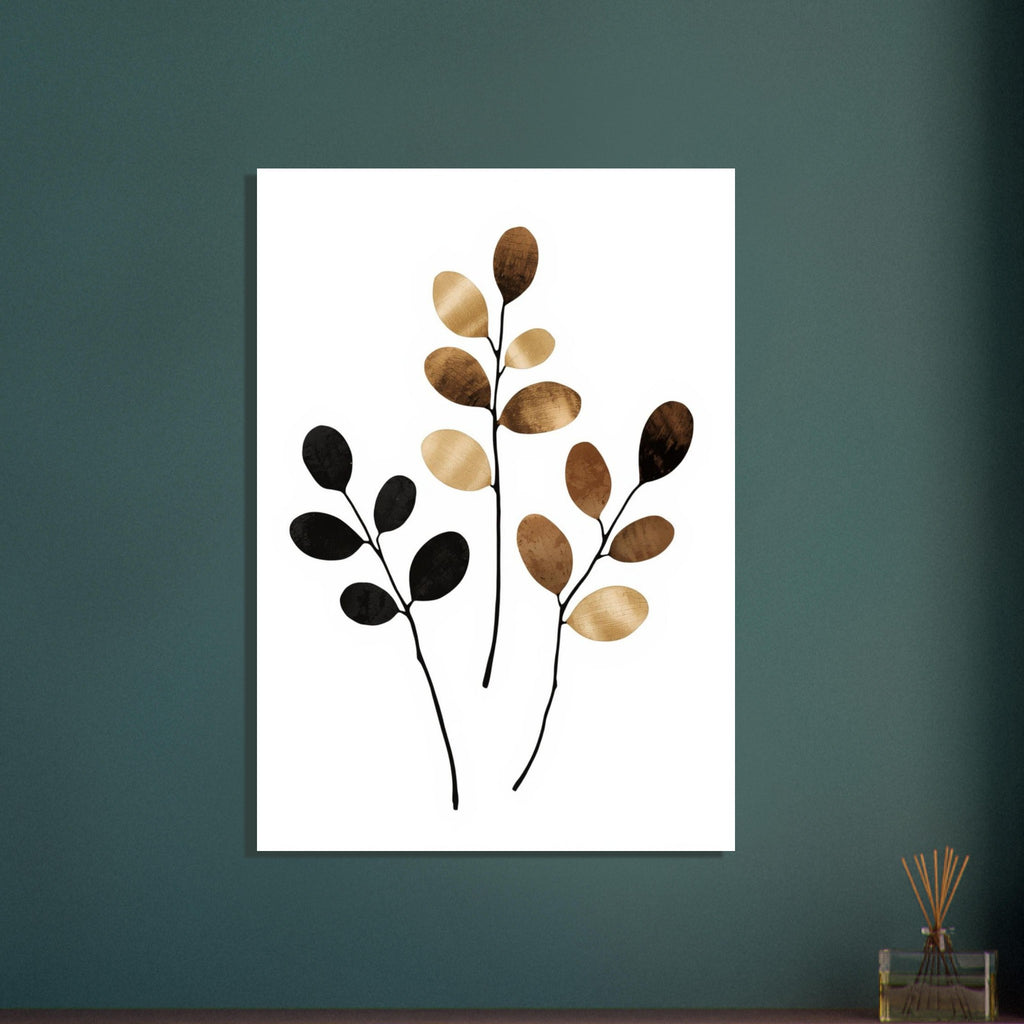 Three slender black branches with rounded, textured leaves in tan, brown and black against a white background.