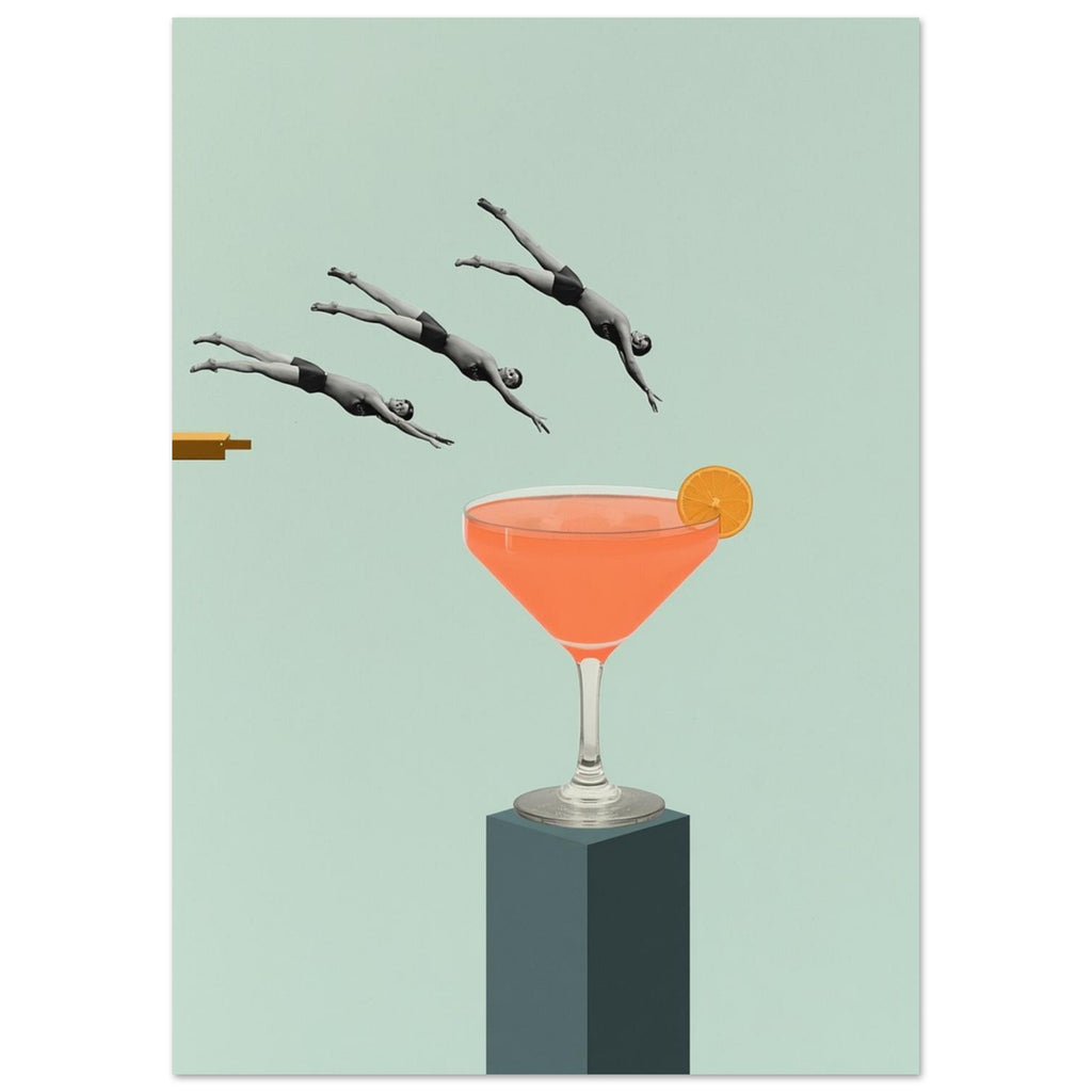 Three monochrome divers leap towards a giant orange cocktail with an orange slice on a dark plinth against pale mint.