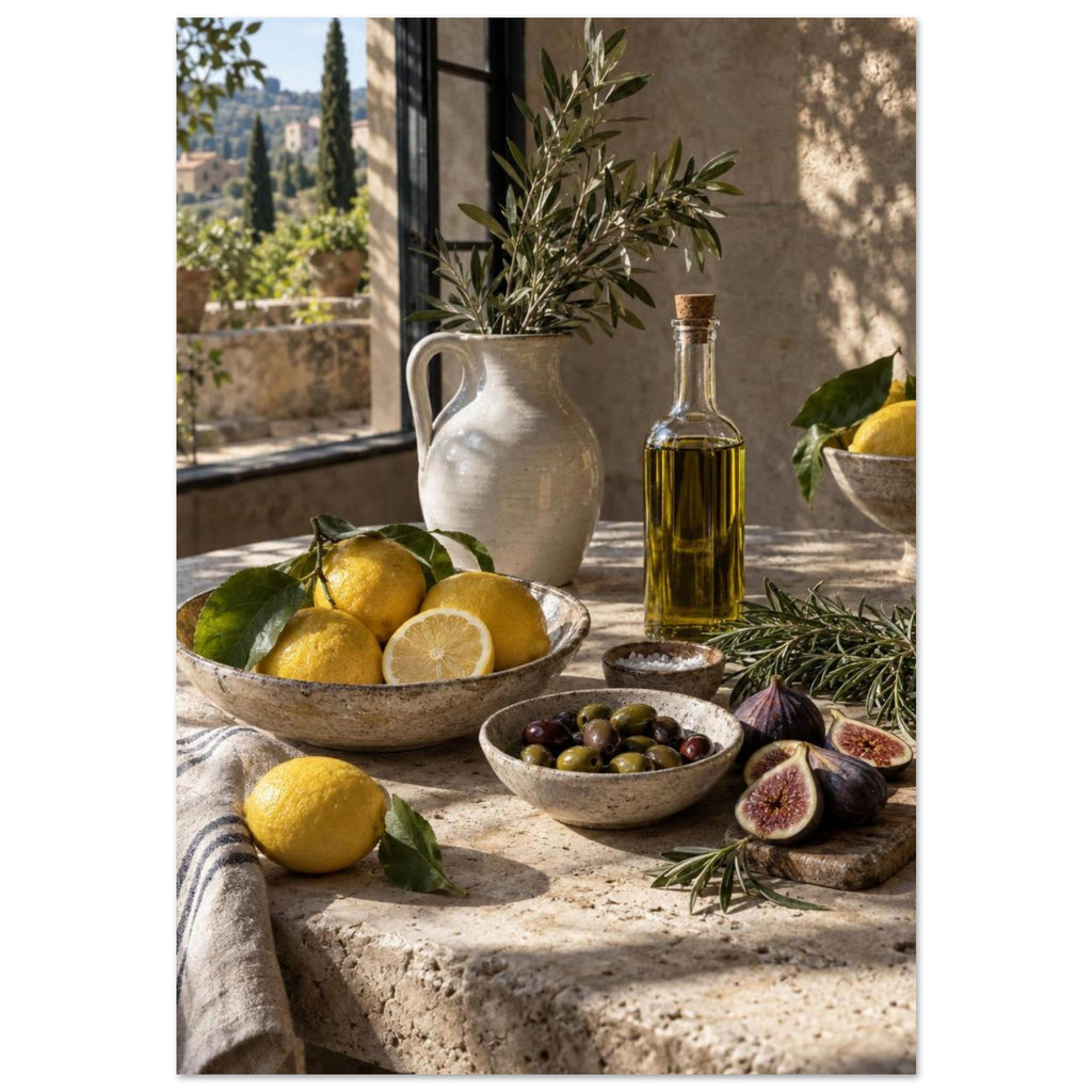 Lemons, olives, figs and a bottle of oil on a stone table beside a ceramic jug of leafy branches and a sunlit window.