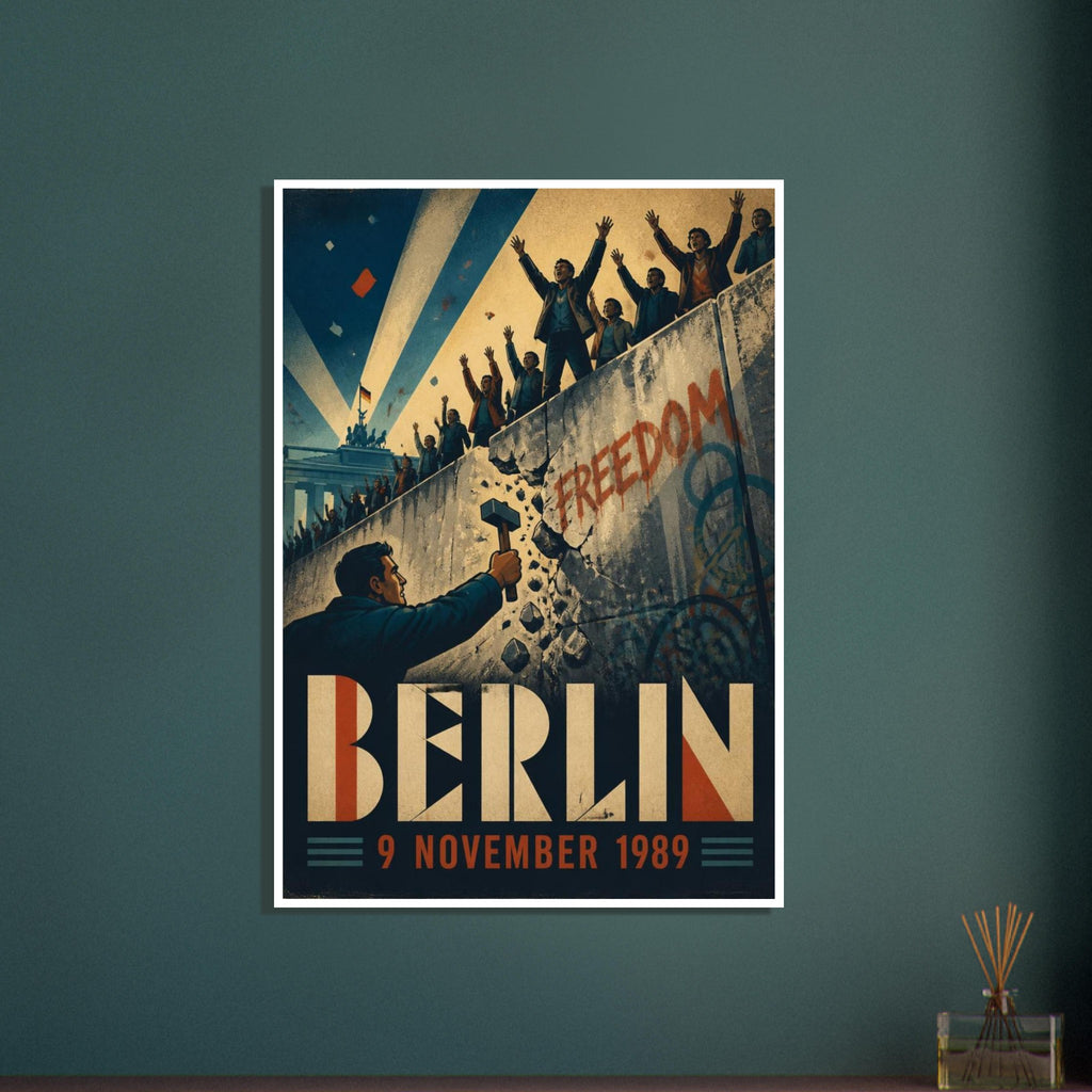 Berlin Wall illustration with cheering crowds, a man wielding a hammer, ‘FREEDOM’ graffiti and ‘BERLIN 9 NOVEMBER 1989’.