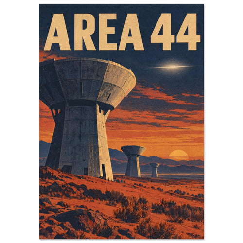 Three dish-shaped towers in an orange desert at sunset beneath a navy sky, with large golden Area 44 lettering.