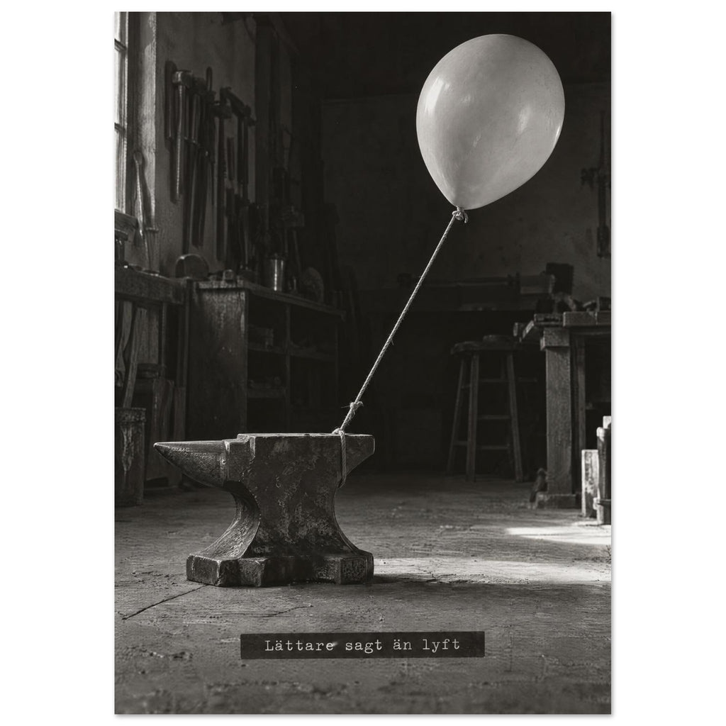 En ballong bunden till ett tungt städ på ett verkstadsgolv, fotograferad i svartvitt med texten ”Lättare sagt än lyft”.