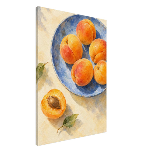 Apricots on a blue plate, with a halved apricot and green leaves on a cream surface, painted in watercolour.