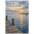 Wooden jetty beside blue water at sunset, with a sailboat and the words “(Sittin’ On) The Dock of the Bay” above.
