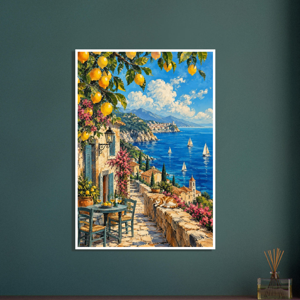 Lemon branches above a coastal terrace with a table, sleeping ginger cat, pink flowers and sailing boats on blue water.