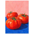 Three red tomatoes with green stems on a vivid blue surface against a pink background, painted with broad brushstrokes.