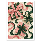 Three pink, green and cream wrapped gifts with large bows, curling ribbons, leafy sprigs and red berries.