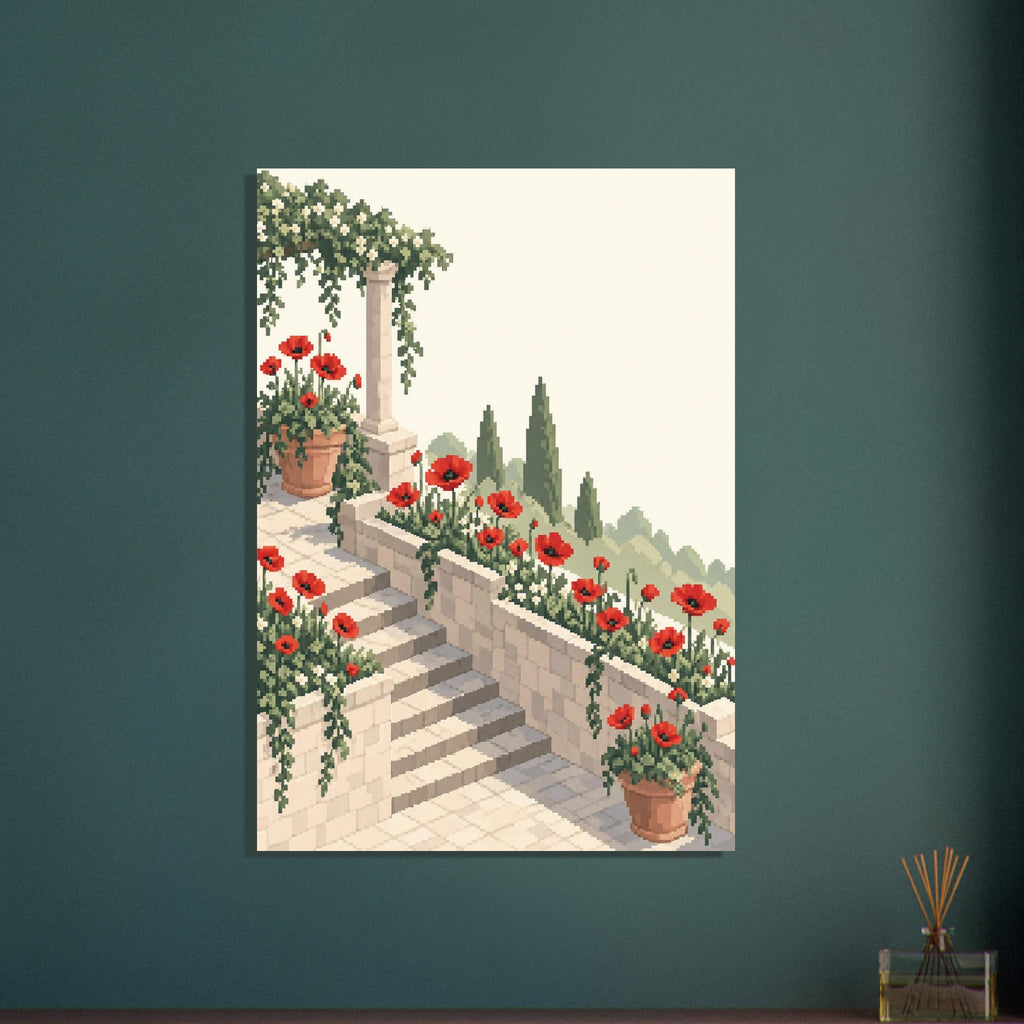 Red poppies and trailing greenery border pale stone terrace steps, with terracotta pots and tall trees in pixel art.