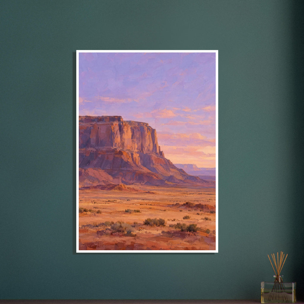 Terracotta desert cliffs above a scrub-covered plain, with distant mesas beneath a lilac and peach sky.