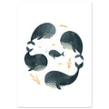 Five blue-grey whales with cream-striped bellies, small golden fish, sea plants and blue bubbles on white.