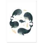 Five blue-grey whales with cream-striped bellies, small golden fish, sea plants and blue bubbles on white.