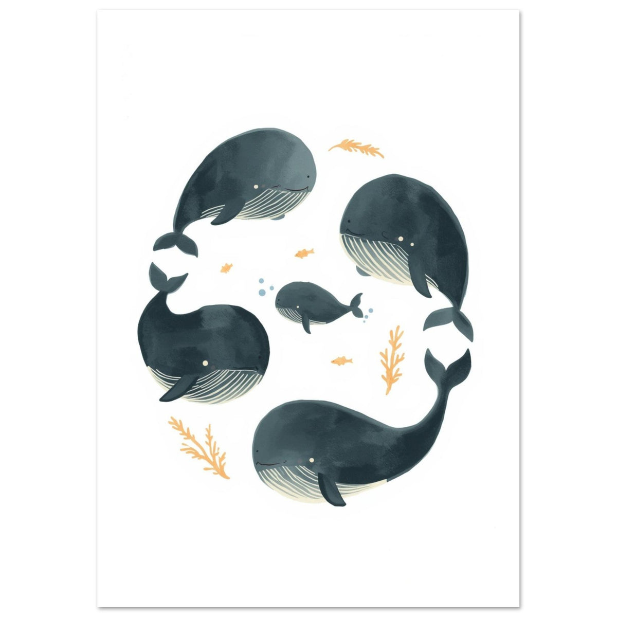 Five blue-grey whales with cream-striped bellies, small golden fish, sea plants and blue bubbles on white.
