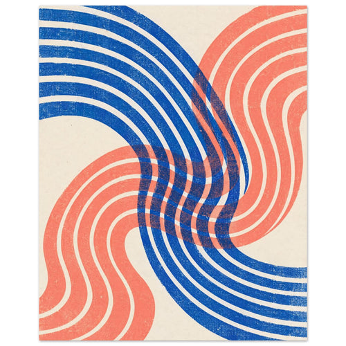 Blue and coral curved bands overlap across a cream background, with a distressed texture throughout.