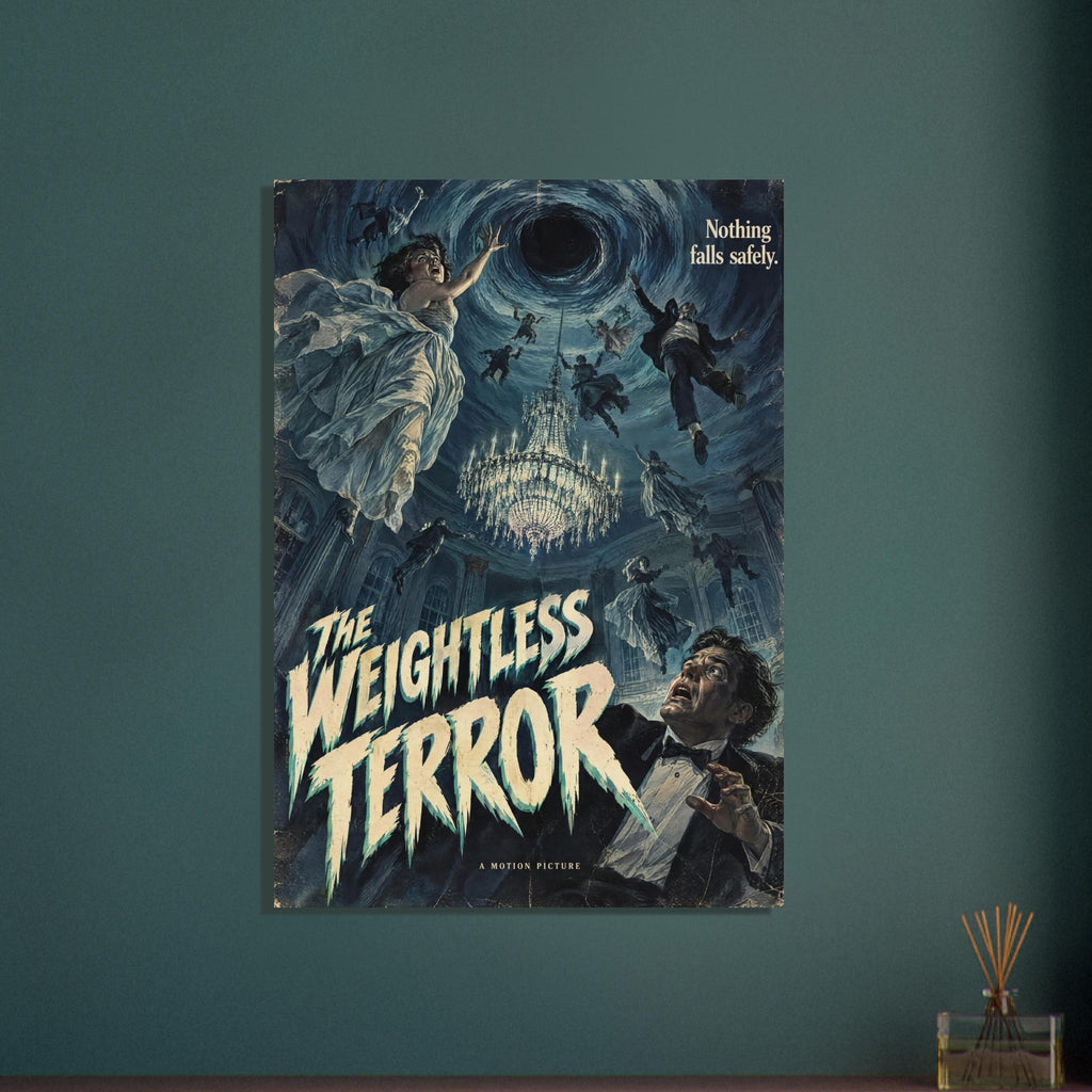 Floating people and a chandelier beneath a blue vortex, with distressed cream lettering reading ‘The Weightless Terror’.