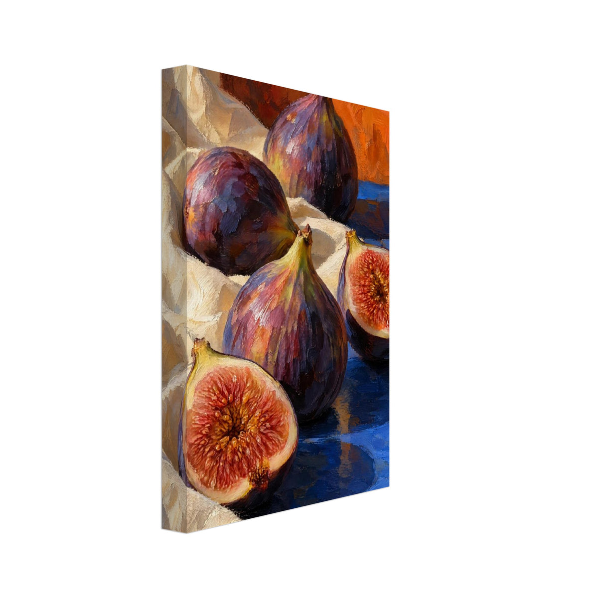 Three whole purple figs and two cut halves on cream fabric and a blue surface, with an orange background and textured brushwo
