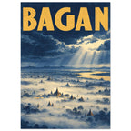 Bagan temples rising through mist beneath blue storm clouds and sunbeams, with a golden river and bold yellow BAGAN text.