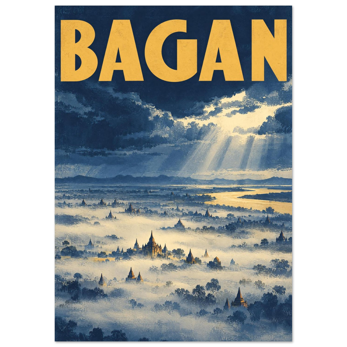 Bagan temples rising through mist beneath blue storm clouds and sunbeams, with a golden river and bold yellow BAGAN text.