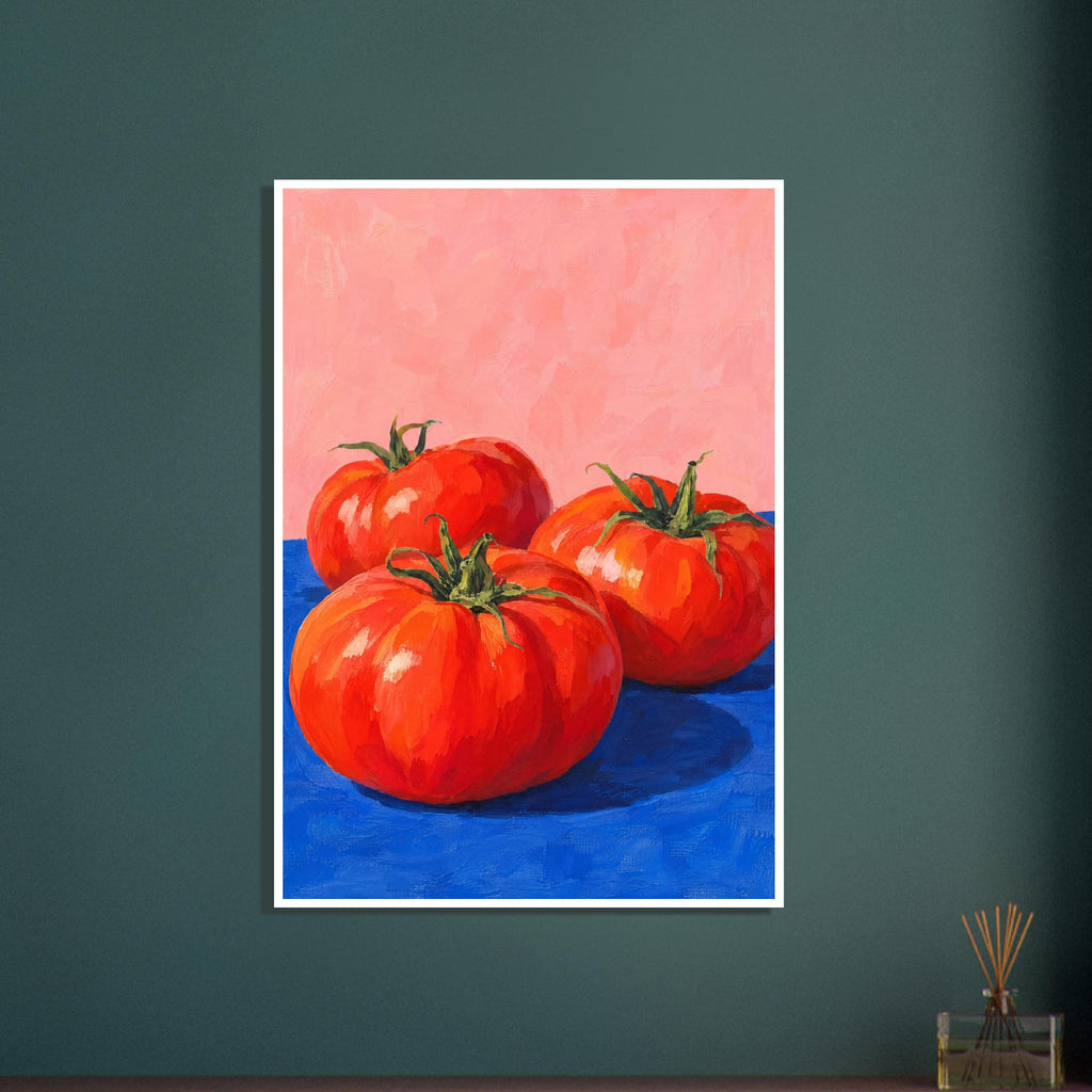 Three red tomatoes with green stems on a vivid blue surface against a pink background, painted with broad brushstrokes.