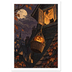 Glowing pumpkin in a hanging basket below a black cat at an attic window, with moonlit rooftops and autumn leaves.