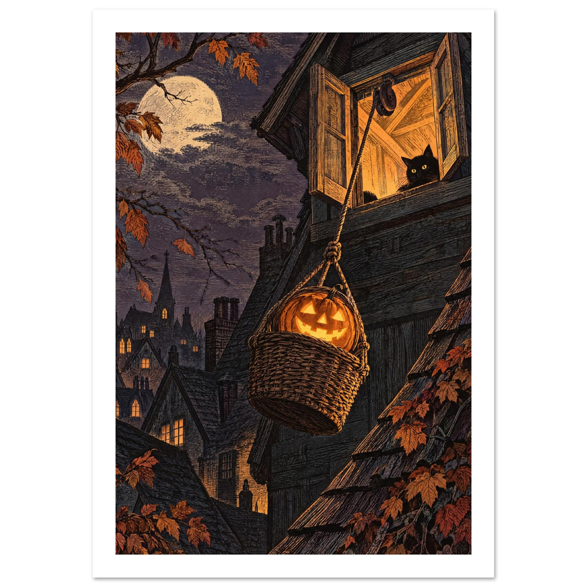 Glowing pumpkin in a hanging basket below a black cat at an attic window, with moonlit rooftops and autumn leaves.