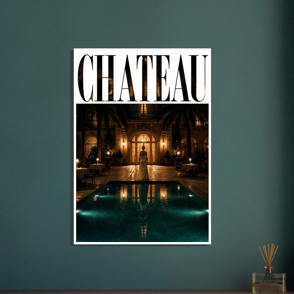 CHATEAU lettering above a woman in a pale gown beside a teal pool, facing a warmly lit building at night.
