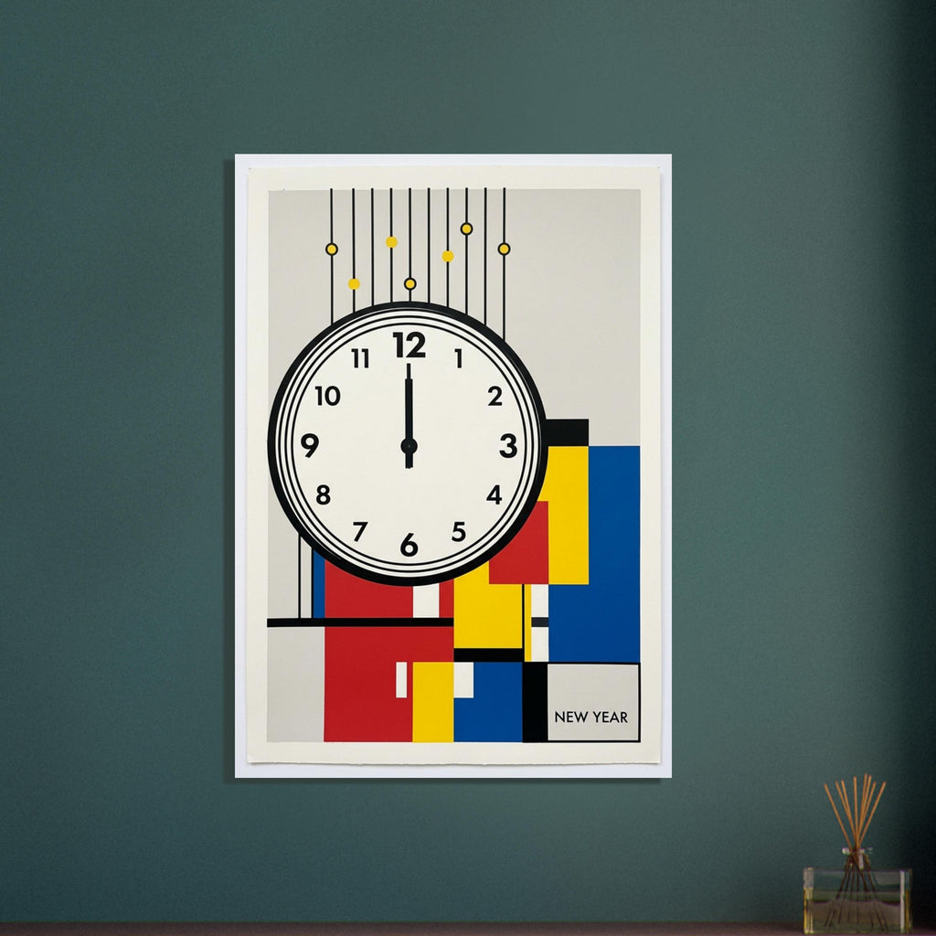 Clock set to twelve over red, yellow and blue geometric blocks, with black lines, yellow dots and ‘NEW YEAR’ text.