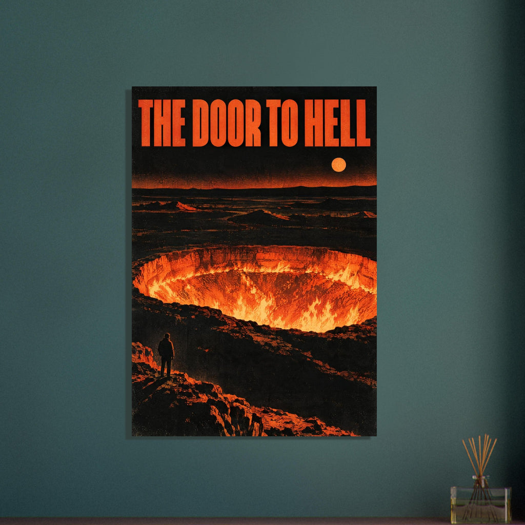 Fiery orange crater in a black rocky landscape, with a lone figure at the rim and bold text reading “The Door to Hell”.
