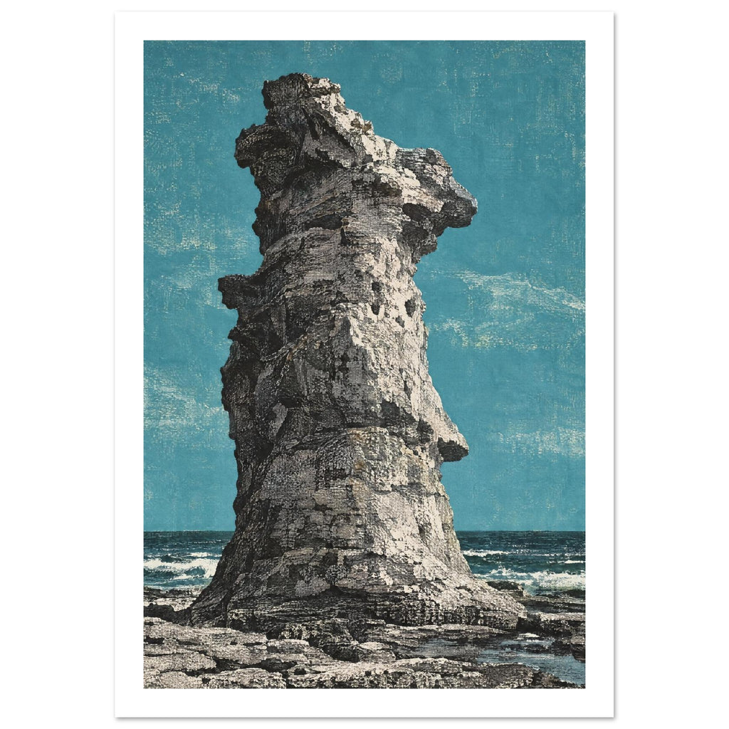 Tall, craggy grey rock stack on a rocky shore, with waves behind it and a teal sky under a distressed texture.
