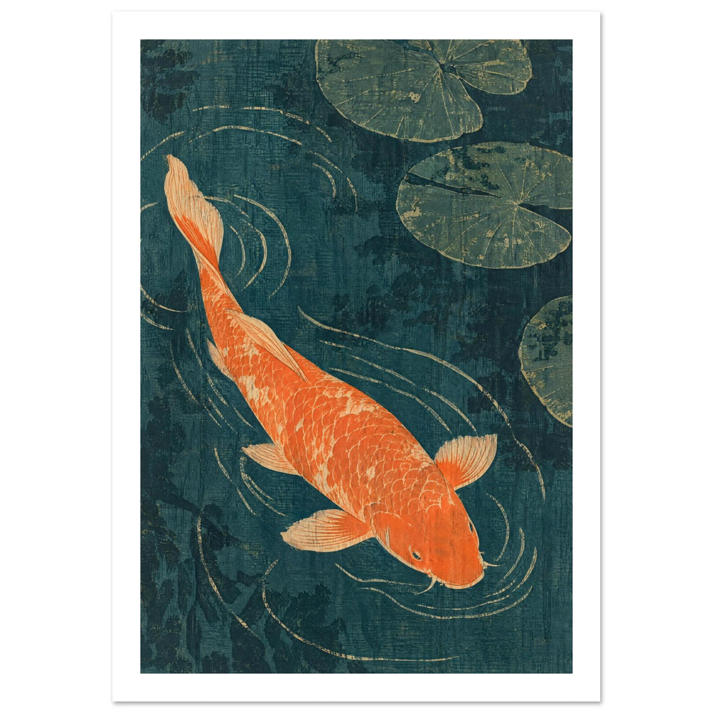 Orange koi fish swimming through dark teal water with cream ripple lines, green lily pads and a distressed texture.