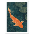 Orange koi fish swimming through dark teal water with cream ripple lines, green lily pads and a distressed texture.