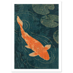 Orange koi fish swimming through dark teal water with cream ripple lines, green lily pads and a distressed texture.