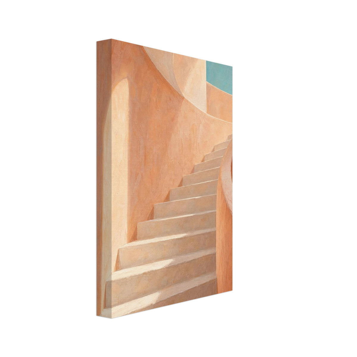 Curved staircase with pale steps, peach and terracotta walls, patches of sunlight and a turquoise opening above.