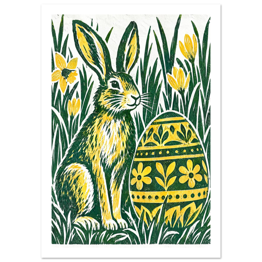 Green and yellow hare beside a floral-patterned Easter egg, surrounded by tall grass and yellow flowers on off-white.