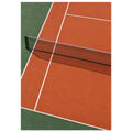 Tennis court viewed from above, with terracotta and green surfaces, white lines and a net casting a patterned shadow.