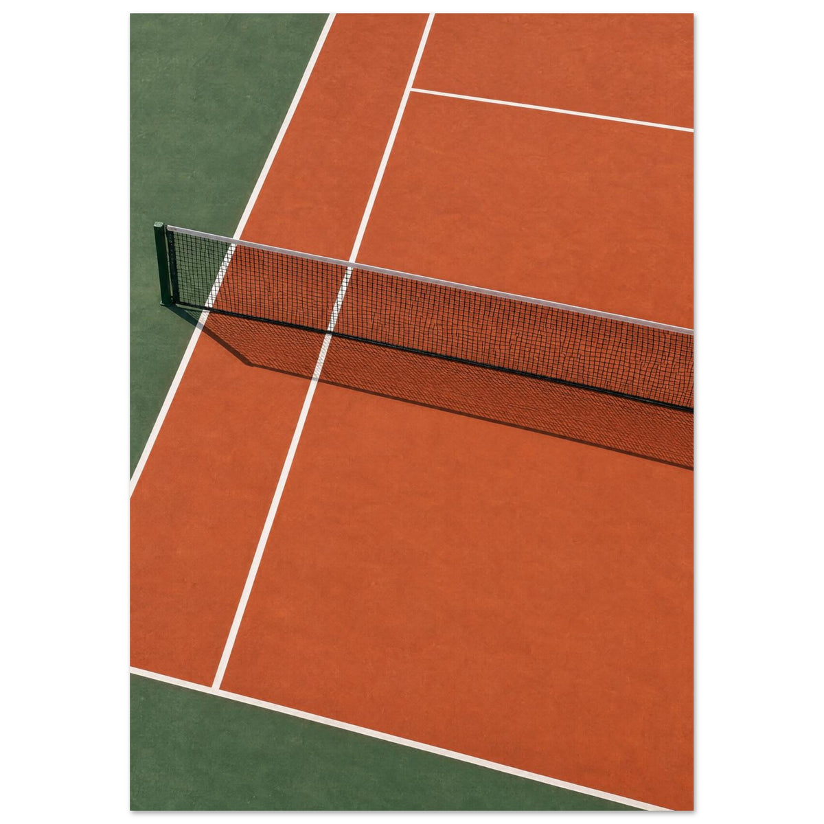 Tennis court viewed from above, with terracotta and green surfaces, white lines and a net casting a patterned shadow.