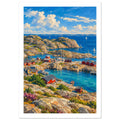Rocky coastal village with red cottages, turquoise inlets, wooden jetties and sailboats beneath a blue, cloud-filled sky.