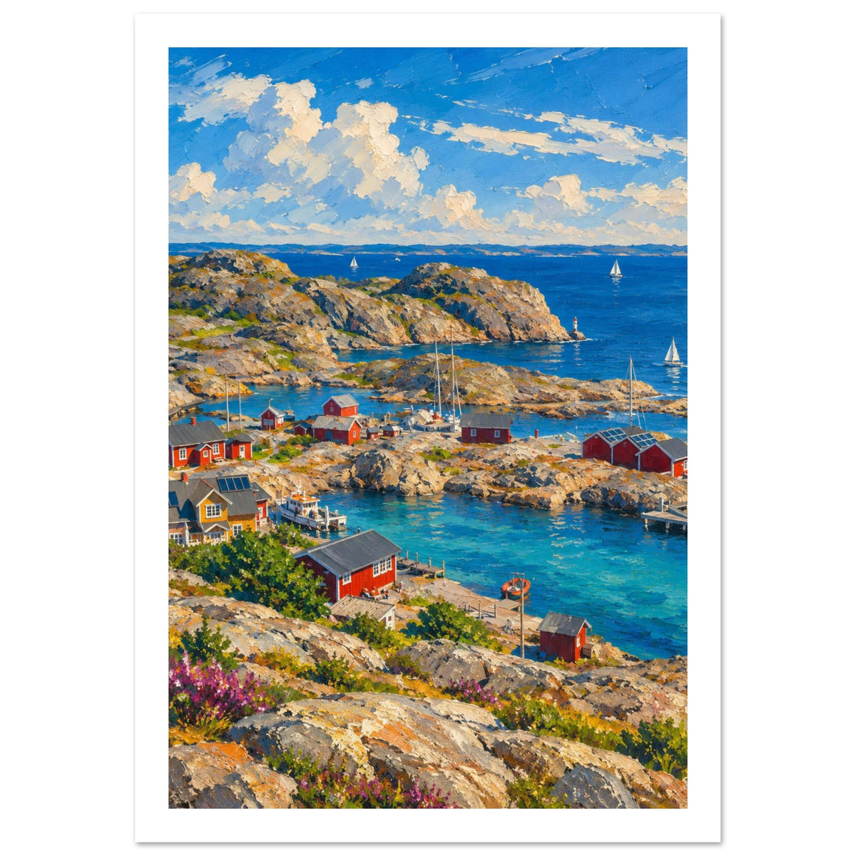 Rocky coastal village with red cottages, turquoise inlets, wooden jetties and sailboats beneath a blue, cloud-filled sky.