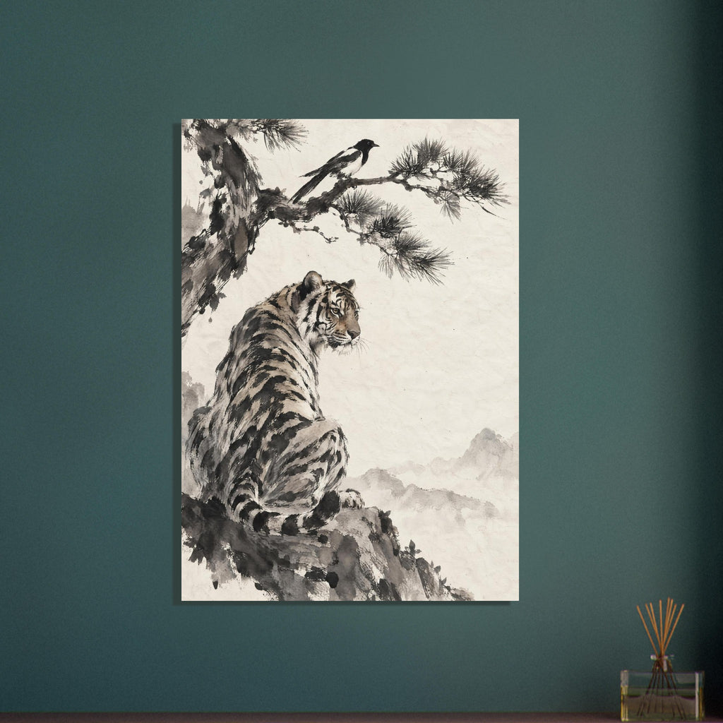 Tiger seated on a rocky ledge beneath a magpie on a pine branch, with pale mountains against a warm cream background.