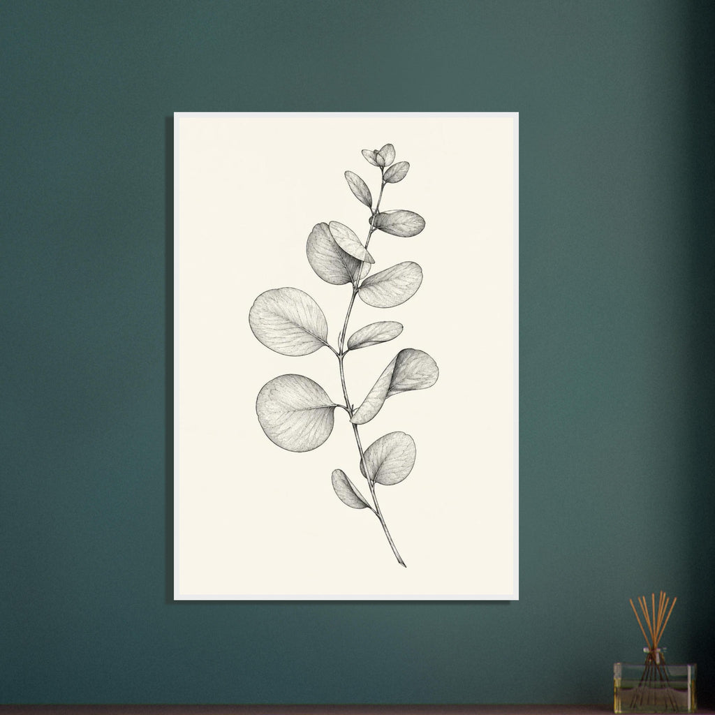 Eucalyptus stem with rounded, overlapping leaves drawn in fine black and grey lines on a plain cream background.