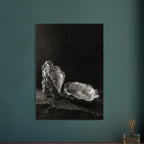 Oyster Light, two open oyster shells on dark slate with pale interiors and sharply lit ridges beneath a broad area of shadow.