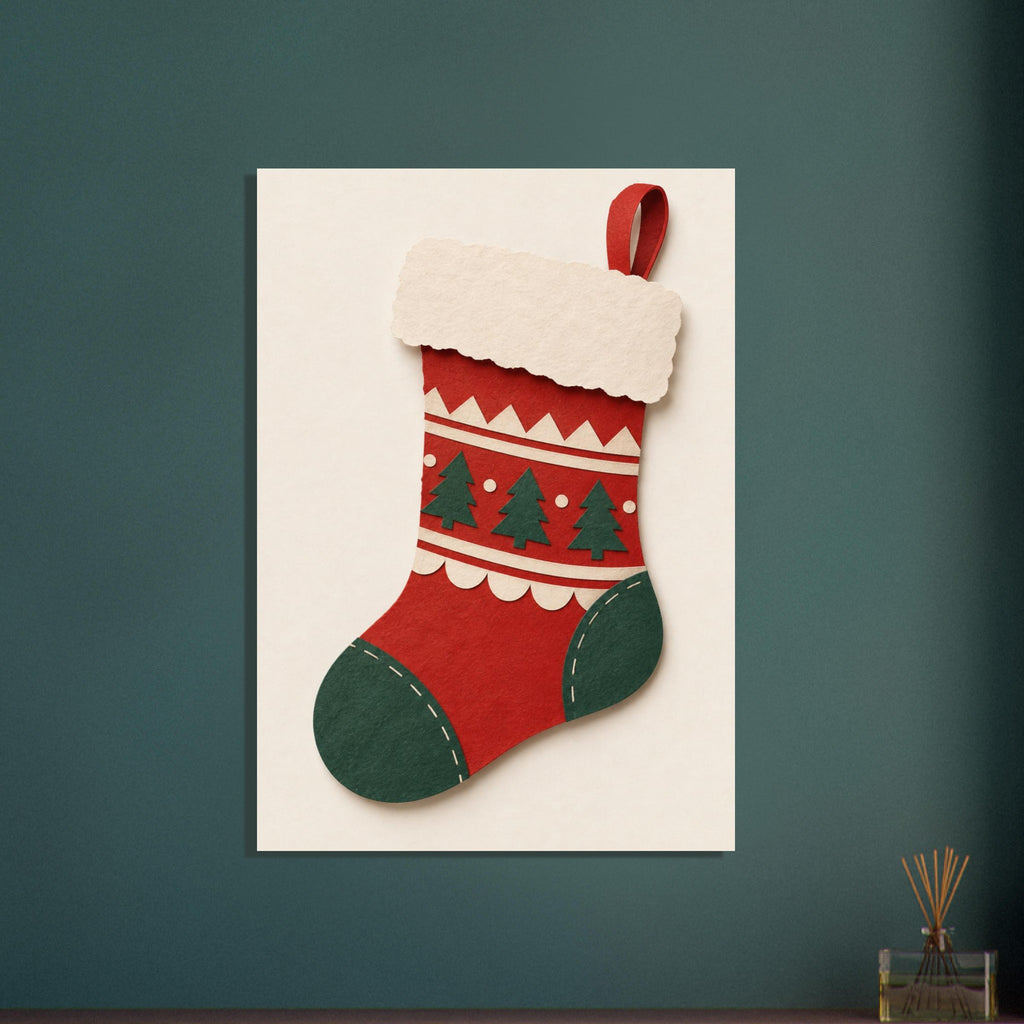 Red Christmas stocking with green trees, heel and toe, cream decorative trim and a paper-cut texture on a cream background.