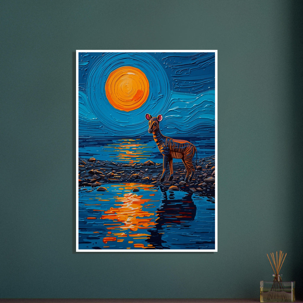 Striped okapi on a rocky shore beneath an orange sun, with blue water, bold reflections and swirling painted textures.